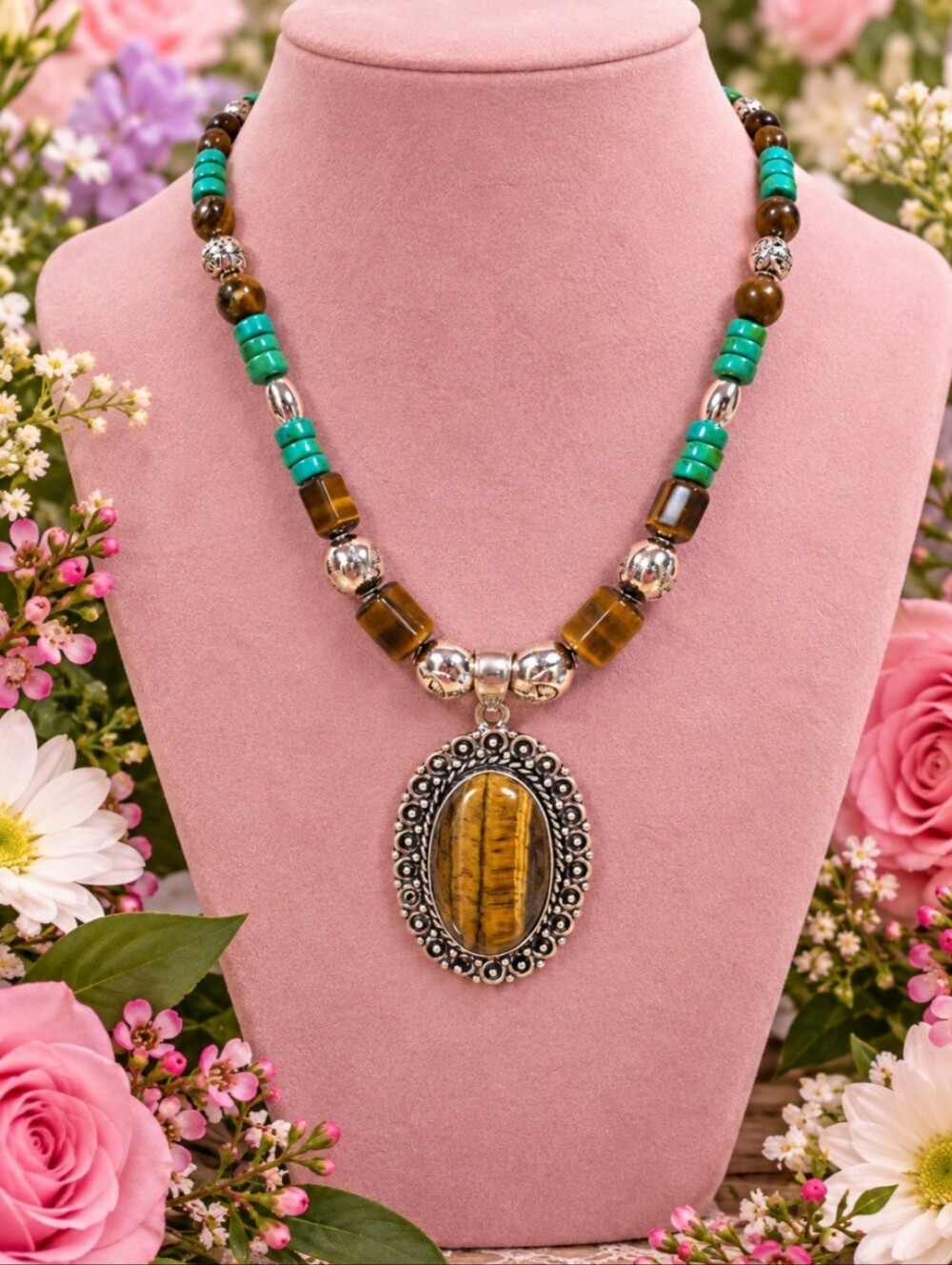 Artisan Handcrafted Tiger Eye and Turquoise Beaded Pendant Necklace - 18 Inches